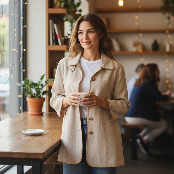 Doncaster Women's Classic Beige Linen Blend Button-Up Coat with Leather Trim -S - Picture 1 of 10